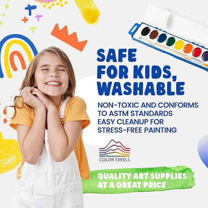 Color Swell Bulk Watercolor Paint 10 Pack with Wood Brushes 8 Washable Water Colors for Kids, Classrooms, Parties, All Ages