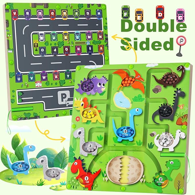 2 in 1 Magnetic Color and Number Maze, Montessori Educational Wooden Puzzle Toy for Kids Ages 3-13, Double-Sided Alphabet Counting Game Board for Fine Motor Skills, Preschool Learning Gift