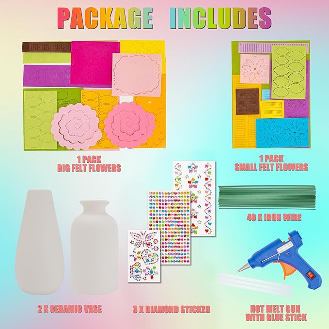 FTBox Crafts Kit for Girls Ages 6-12, Felt Flowers Bouquet and Paint Vase Art Craft Project for Girls, DIY Activity Christmas Birthday Gift for Kids Age 8 9 10 11 12 Year Old (Ceramic Vases)