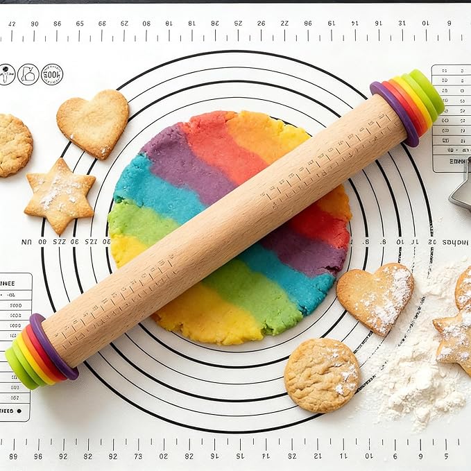 Rolling Pin With Thickness Rings, Adjustable Wooden Rolling Pin Set, 17 inch