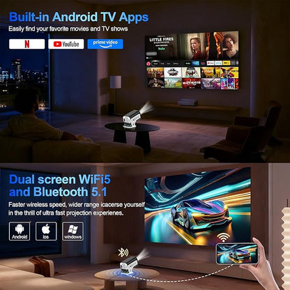 Mini Projector with Dual 5G WiFi and Bluetooth, Built-in App Smart Portable