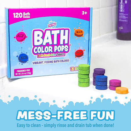 Tub Works® Bath Color Pops™ Moisturizing Kids Bath Bombs, 120 Count | Bath Bomb Refills for Bath Color Brush | Nontoxic & Fragrance-Free | 12 Unique Colors | Fizzy, Vibrant Water Color Tablets