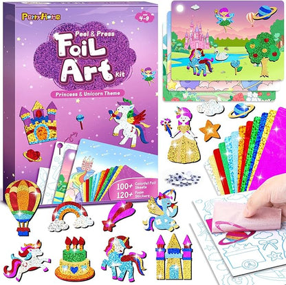 PERRYHOME Foil Arts and Crafts for Kids Ages 4-8 -DIY Unicorn & Princess Foil Foam Stickers Fun,Mess Free Kids Crafts,Creative Christmas Birthday Gifts Toys for 4 5 6 7 8 Year Old Girls