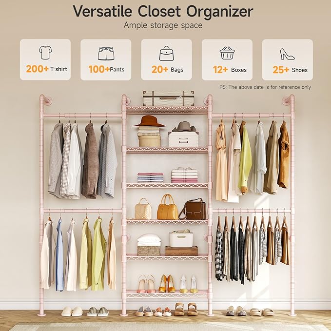 ONBRILL H3 Wall Mounted Closet System, Expandable Industrial Pipe Clothes Rack
