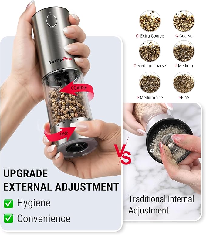 TempPro 100ml Electric Salt and Pepper Grinder Set Rechargeable, Automatic
