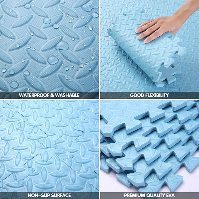 Coolcandy EVA Foam Play Mat, 16 Tiles Colorful Baby Play Mat, Square Kids Playmat with Solid Colored, 0.4" Thickened Interlocking Foam Floor Tiles, Puzzle Play Mat For Baby Lying, Playing (Light Blue)