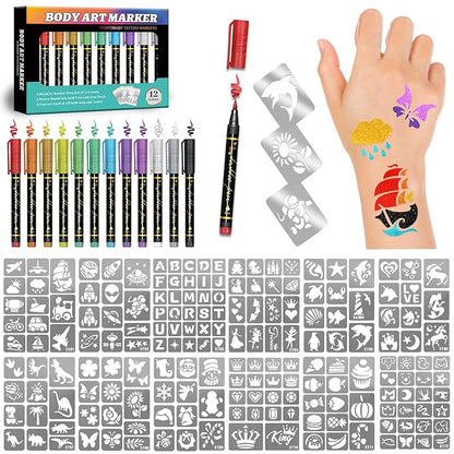 Temporary Tattoo Markers for Skin, 12 Metallic Body Markers + 183 Temporary Tattoo Stencils for Kids Adults, Flexible Brush Tip, Bright Colors, Cosmetic Tattoos Pens for Kids Adults, DIY Body Art Set