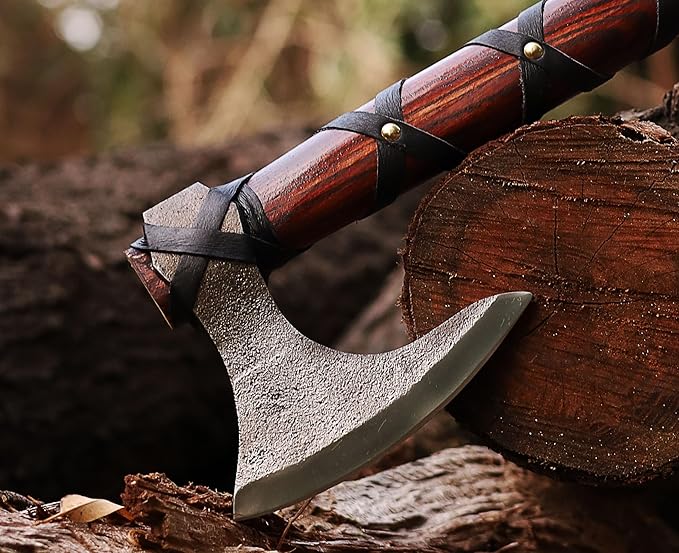 WAZIR Crafts Viking Axe | 17″ Hand-Forged Carbon Steel Tomahawk with Rosewood Handle & Leather Sheath, Bearded Axe for Camping, Bushcraft, Throwing, Gifts for Men (WCA‑015)