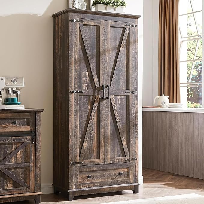 AMERLIFE 72" Tall Kitchen Pantry Storage Cabinet, Adjustable Shelves and Drawer, Farmhouse Food Pantry Cabinet for Kitchen, Living Room, Dining Room, Antique Oak