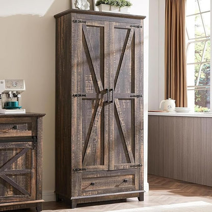 AMERLIFE 72" Tall Kitchen Pantry Storage Cabinet, Adjustable Shelves and Drawer, Farmhouse Food Pantry Cabinet for Kitchen, Living Room, Dining Room, Antique Oak