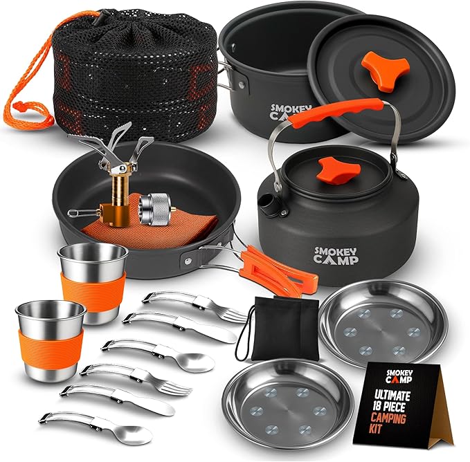 Camping Cookware Mess Kit Set with Stove - Backpacking Camping Pots and Pans Set, All in One Non-Stick Camping Cooking Set, Portable Stove, Hiking, Picnic, Outdoor & Camping Cookware Set