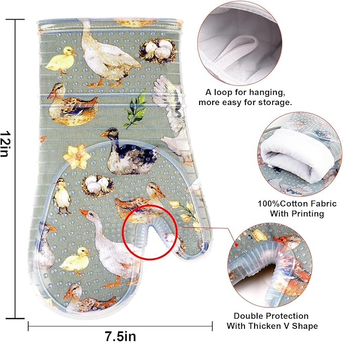 Oven Mitts Set of 2 with Transparent Clear Silicone Shell and Nice Duck