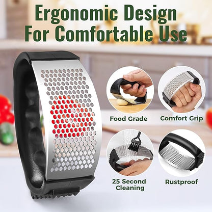Garlic Press Rocker, Stainless Steel Garlic Mincer and Garlic Crusher, Easy-Squeeze Garlic Tool with Peeler and Cleaning Brush for Smashing Garlic