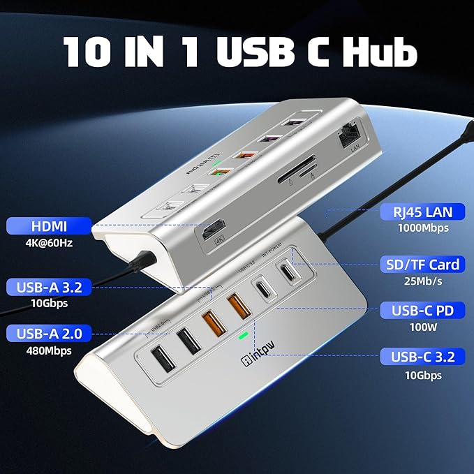 P9R PRO USB C Hub Ethernet, 10Gbps USB C Docking Station 10-in-1