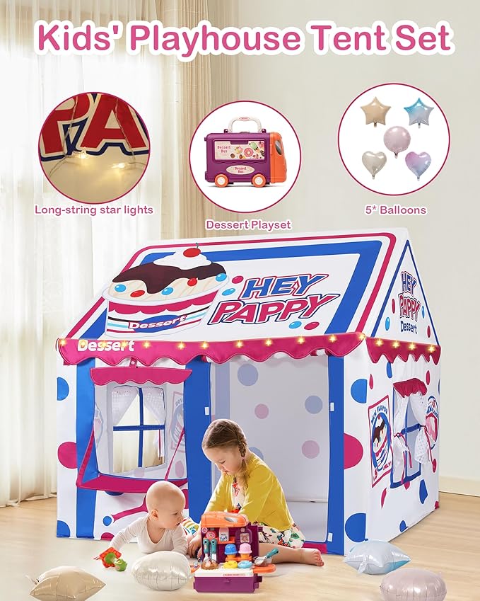 Kids Play Tent, Toddler Tent for Kid Indoor & Outdoor, 48.5"x39.4"x48.5" Playhouse Tent Dessert Theme with Complete Toys Set, 3 Window, Lights and 5 Balloons