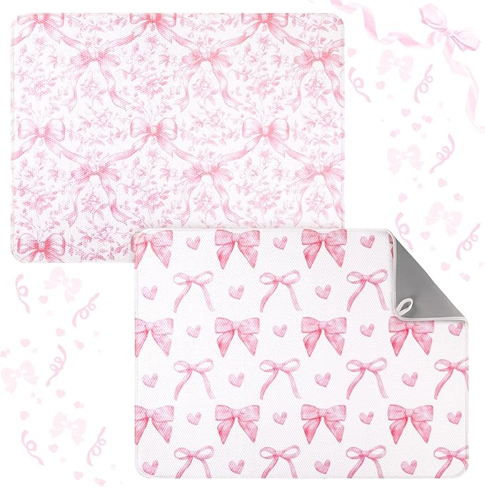 SiliFine 2 Pcs Large Coquette Pink Bow Dish Drying Mat Large