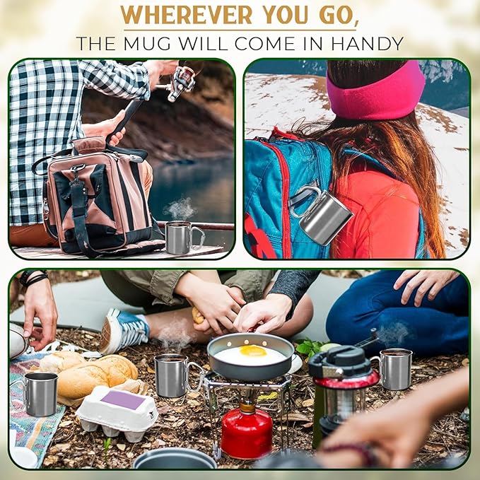 13.5 Oz Stainless Steel Camping Mug with Carabiner - Metal Camping Cup for Traveling, Lightweight and Heat-Resistant, Durable and Easy to Clean Hiking Cup, Comfortable to Hold and Drink