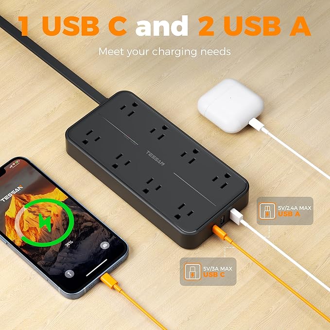 2000J Surge Protector Power Strip, TESSAN 5 FT Extension Cord