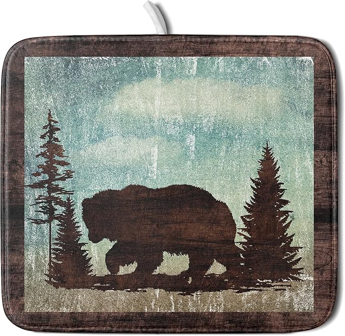 Giwawa Retro Brown Bear Forest Cabin Dish Drying Mat Countertop 16x18 Fall Blue