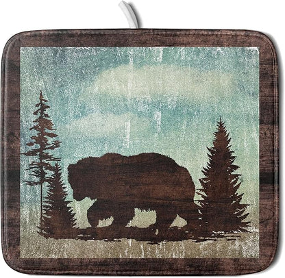 Giwawa Retro Brown Bear Forest Cabin Dish Drying Mat Countertop 16x18 Fall Blue