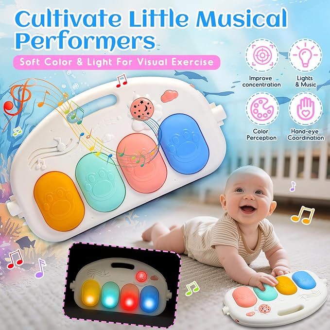 Baby Gyms Play Mats, Baby Toys Tummy Time Mat, Baby Activity Mat Play Piano Gym with 5 Sensory Toys for Babies, Music and Lights Boy & Girl Gifts for Infant Newborn Baby 0-3 4-6 6-9 6-12 Months