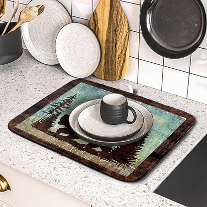 Giwawa Retro Brown Bear Forest Cabin Dish Drying Mat Countertop 16x18 Fall Blue