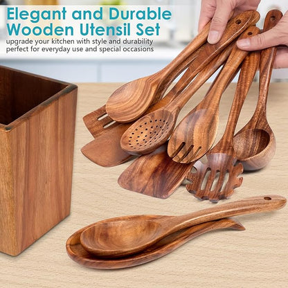 HOWHONG Wooden Spoons for Cooking, Premium Acacia Wood Kitchen Utensil Set