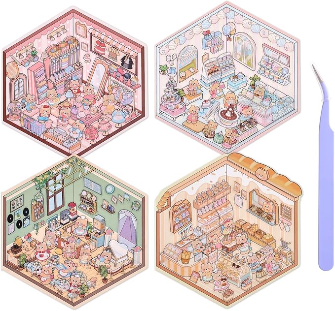 Girls 3D Miniature Scene Stickers, 4 Sets Mini Shop DIY House Stickers for Clothing Store, Coffee Shop, Bakery, Dessert Shop, Cute 3D Cartoon Sticker Scenes for Adult Kids Relief Stress Pass The Time