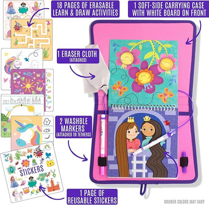 Totebook Kids Travel Educational Activity Book with Washable Markers - Car and Airplane Activities, Learning Toys for Toddlers- Search and Find, Reusable Stickers for Ages 4, 5, 6 (Princess)