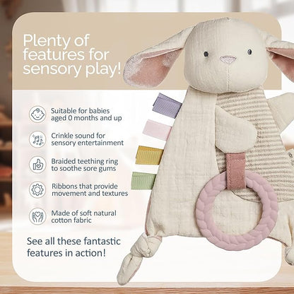 Itzy Ritzy - Bitzy Crinkle Sensory Toy Bunny with Crinkle Sound for Babies & Toddlers - Features Soft Braided Teething Ring & Textured Ribbons, Designed for Ages 0 Months and Up, Bunny