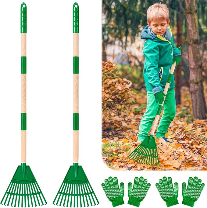 2 Pcs 35'' Kids Rakes for Leaves - Plastic Rake Head with 2 Pairs Kids Gloves, Small Kids Lawn Rakes Detachable Wooden Handle, Autumn Garden Tool Set for Kids Boys and Girls, Green, 3yr+
