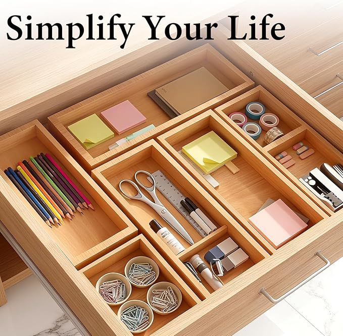 Bamboo Drawer Organizer 5 Pcs for Kitchen Multi-purpose Storage Dividers for