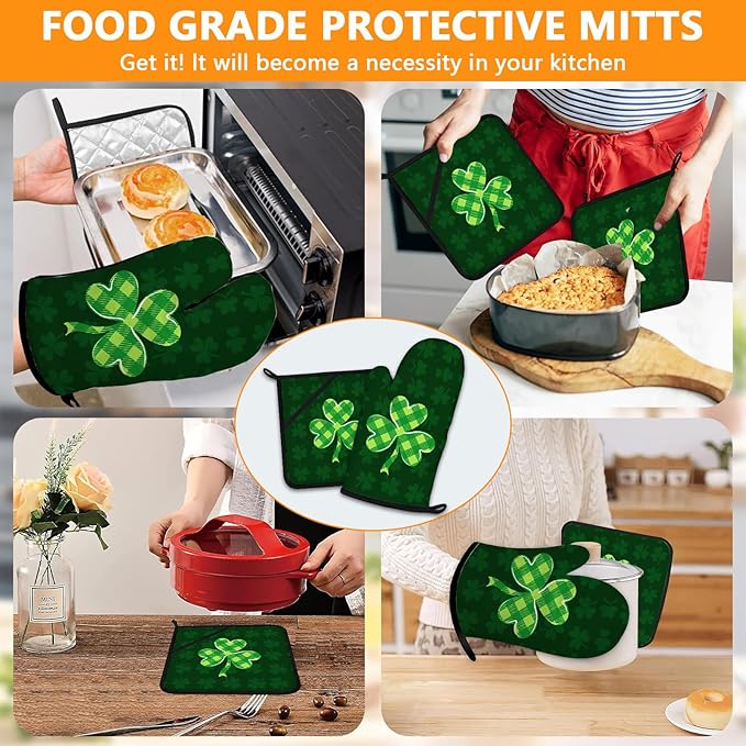 Green Clover Oven Mitts and Pot Holders Sets 4Pcs, Extra Long Oven Gloves