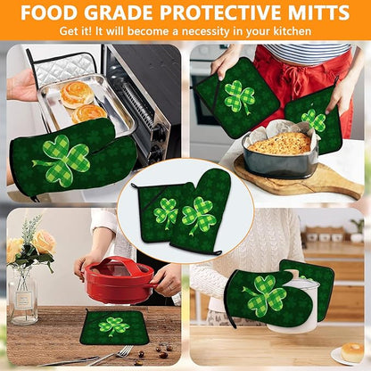 Green Clover Oven Mitts and Pot Holders Sets 4Pcs, Extra Long Oven Gloves