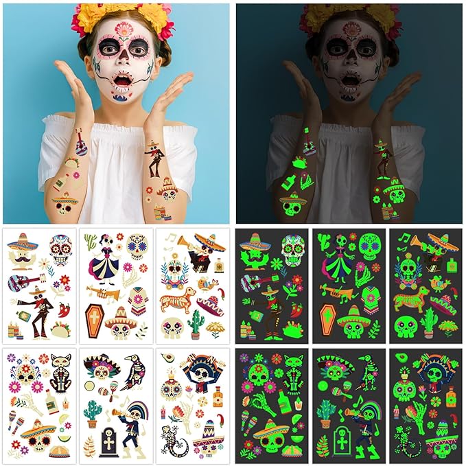 Temporary Tattoos for Day of the Dead, 36 Sheets Glow in the Dark Fake Tattoos for Adults and Kids, 180 Patterns for Halloween Make Up Party, Skull Skeleton Cat Ghost Guitar Sticker