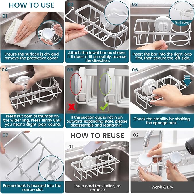 TAILI Sponge Holder with Strong Suction Cup, 4-in-1 Rustproof Sink Organizer