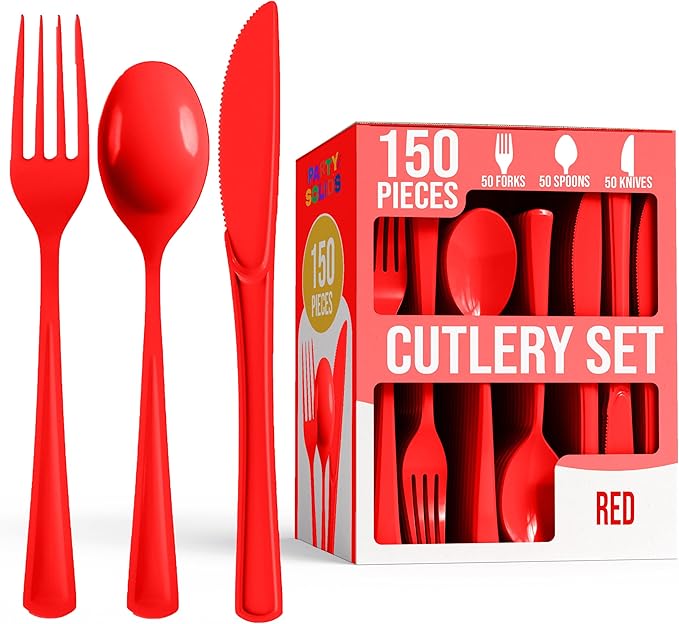 Party Solids Red Plastic Silverware Heavy Duty 150 Pieces Red Plastic Cutlery Sets, Utensil Sets, 50 Of Each Forks, Knives & Spoons Disposable Cutlery Set, Flatware Set For Party Supplies