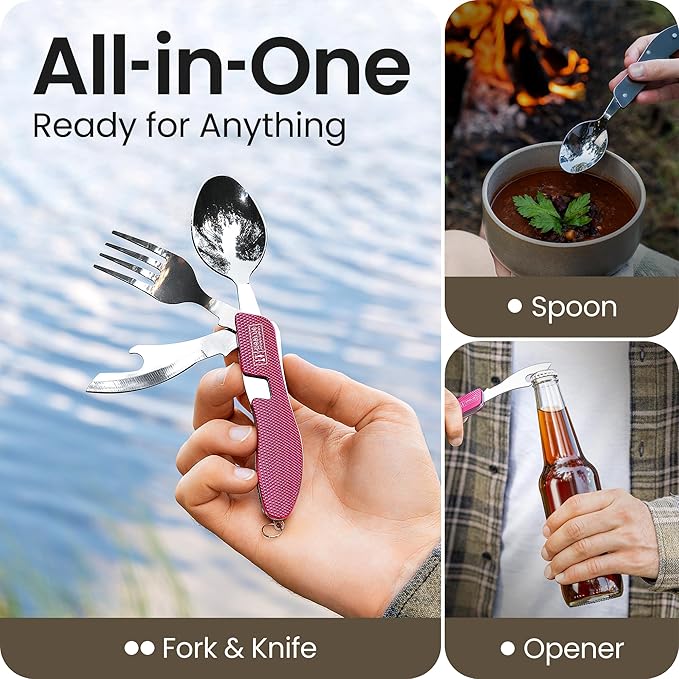 Orblue 4-in-1 Camping Eating Utensils, 2-Pack - Portable Spoon, Fork, Knife & Bottle Opener Combo Set - Stainless Steel Flatware with Detachable Fork - Travel, Backpacking Cutlery Multitool, Hot Pink