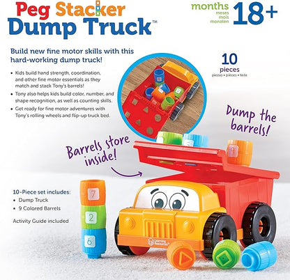 Learning Resources Tony the Peg Stacker Dump Truck - 10 Pieces, Ages 18+ months Fine Motor Skills Toy for Toddlers, Preschool Toys