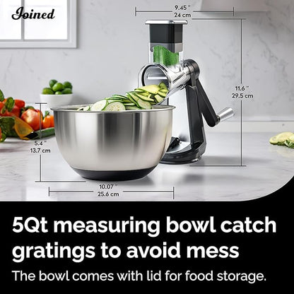 Joined Stainless Steel Rotary Cheese Grater with Elevated Stand and 5 Qt Mixing Bowl - Mandoline Slicer with 3 Stainless Steel Drum Blades-Cheese Shredder Round Mandoline & Food Chopper with Peeler