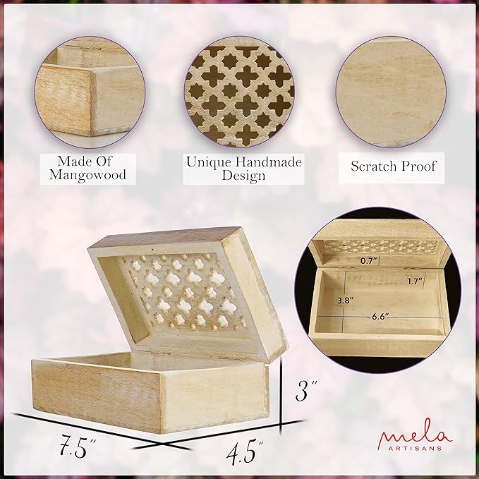 Mela Artisans Wooden Keepsake Box | Whitewash Mango Wood Memory & Photo Storage Box with Hinged Lid | Decorative Storage Box | Medium | 7.5x4.5x3 Inch
