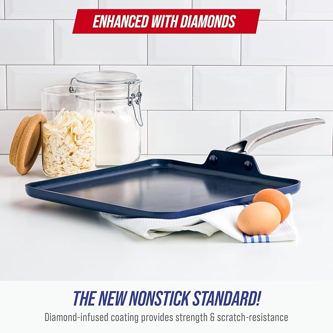 Blue Diamond 11" Nonstick Square Griddle Pan, Non Toxic PFAS-Free Diamond