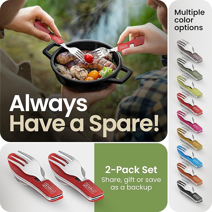 Orblue 4-in-1 Camping Eating Utensils, 2-Pack - Portable Spoon, Fork, Knife & Bottle Opener Combo Set - Stainless Steel Flatware with Detachable Fork - Travel, Backpacking Cutlery Multitool, Red