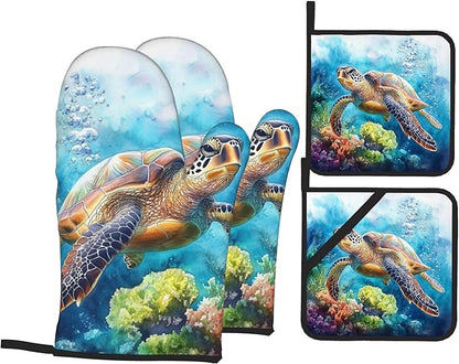 Ocean Turtle Pattern Oven Gloves and Hot Pads Set