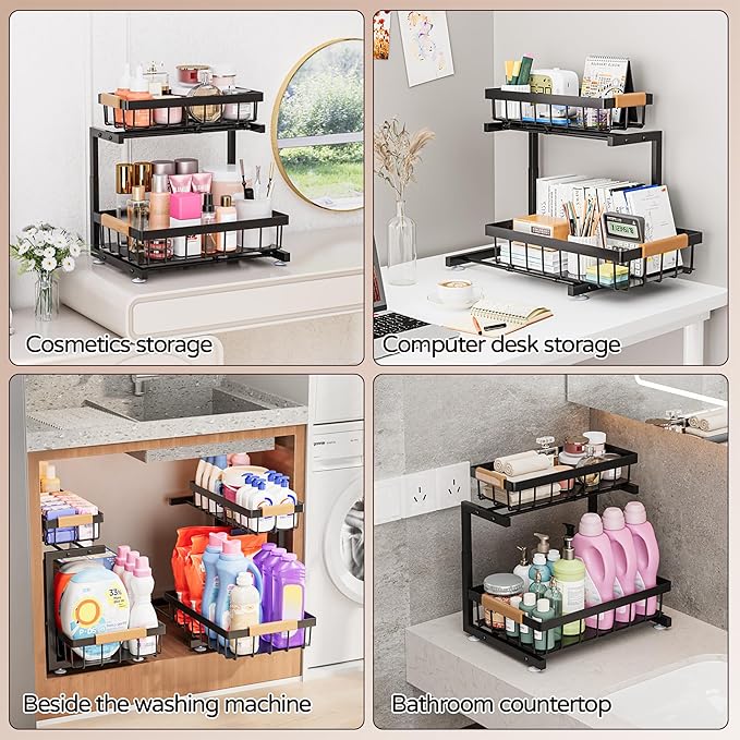 ADBIU Under Sink Organizer, 2 Pack 2 Tier Expandable Height Pull out Kitchen