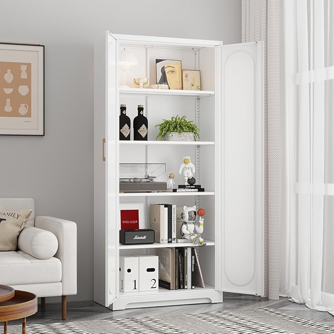 Metal Storage Cabinet with 4 Adjustable Shelves, 71" Tall Kitchen Pantry Cabinet with Doors, White Pantry Cabinets, Utility Large Cupboard, Storage Cabinets for Kitchen, Living Room, Dining