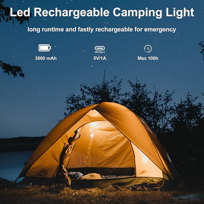 Tent Lights for Camping, Rechargeable Camping Lights for Tent, Camping Tent Light with 8 Brightness Modes for Power Outages, Emergency, Tent, Outdoor (White)