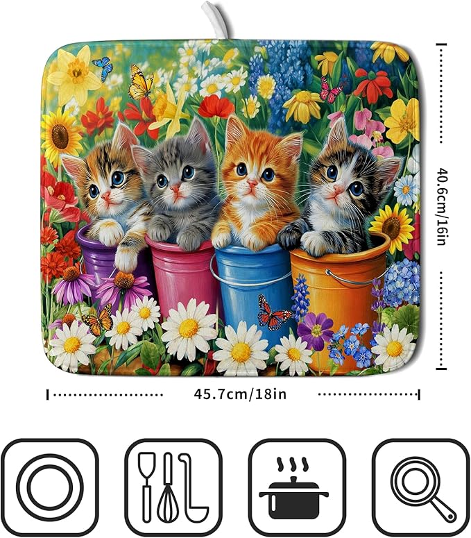 Funny Absorbent Dish Drying Mat Spring Cat Dish Drying Mats