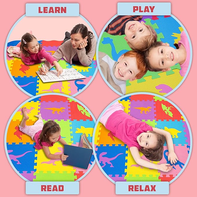 TOYVELT Foam Puzzle Floor Mat for Kids 48x48-25 Interlocking Dinosaurs Play Mat Tiles Multicolor - Educational Large Puzzle Foam Floor Tiles for Crawling