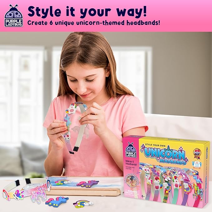 PURPLE LADYBUG Unicorn Headband Making Kit - Unicorn Crafts for Girls Ages 4-9, Birthday Gifts, DIY Hair Accessories Set, Great Summer Activity for Girls
